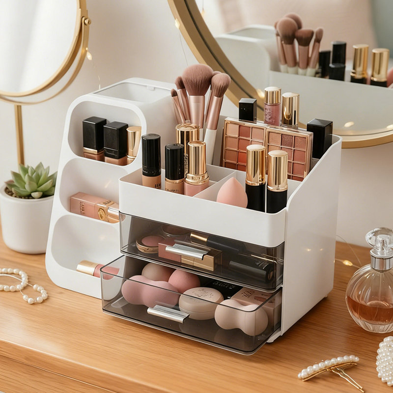 Plastic Makeup Organiser, White/Black