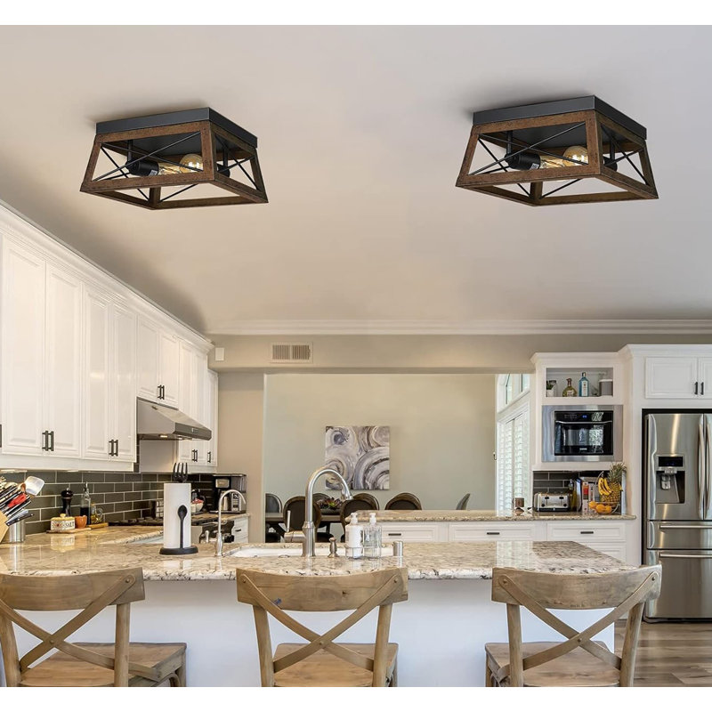 Brown Barnwood 2-Light Caged Flush Mount Ceiling Fixture