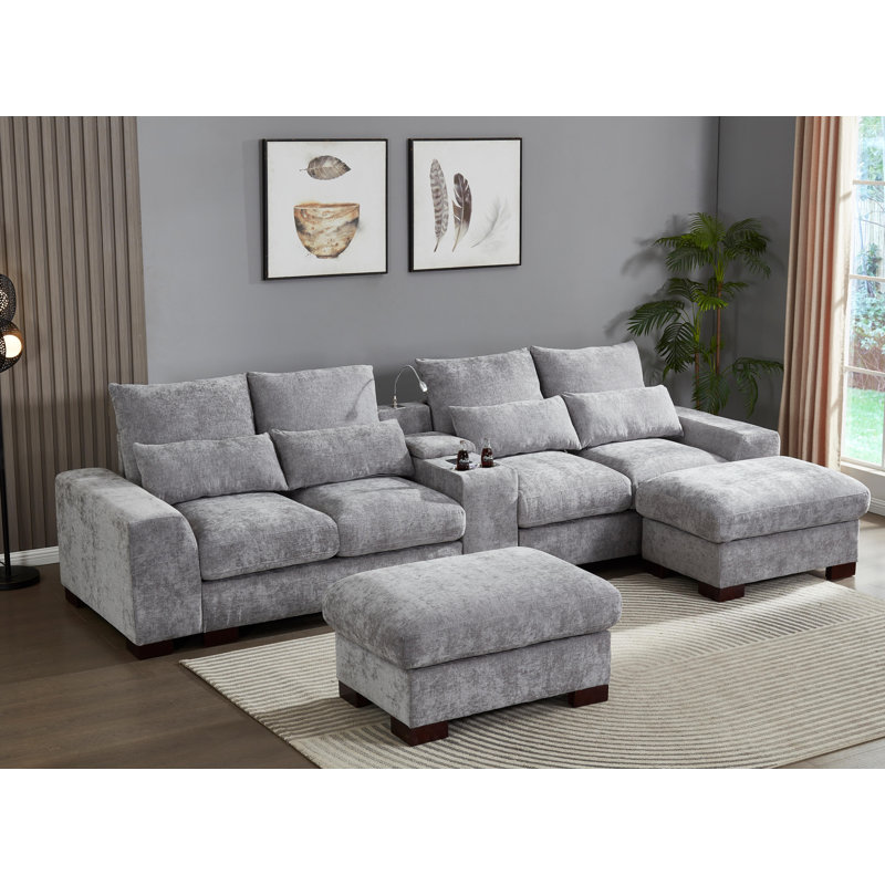 132" U Shape Sectional Sofa Cloud Couch With Removable Ottomans, Gray Chenille