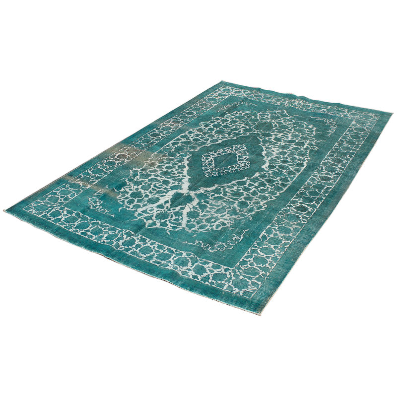 Tapis unique en laine noué à la main sarcelle / blanc des années 1980 de 9 pi 4 po x 13 pi 10 po Fisken
