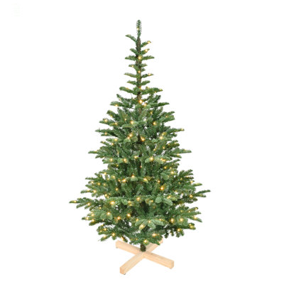 6Ft Pre-Lit Christmas Tree With 300 Warm  LED Lights, 611 PE+PVC Tips, Realistic Laye Look, Unique Wooden Base – Full Artificial Holiday Tree For Home Decor