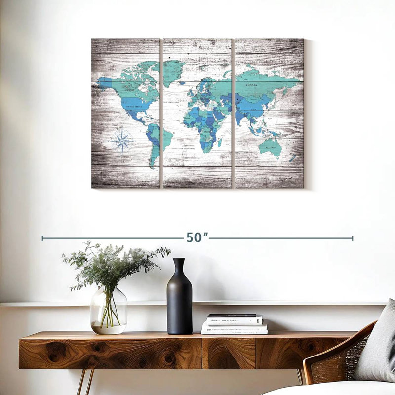 «Aged World Map XXX», ensemble de 3 reproductions sur toiles par Jorge S, H 24 po x l 38 po x P 1,25 po