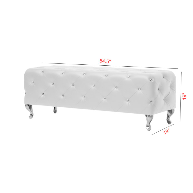 Zeinoun White Faux Leather Upholstered Bench with Crystal Tufting, 19'' H X 54.5'' W X 19'' D, White