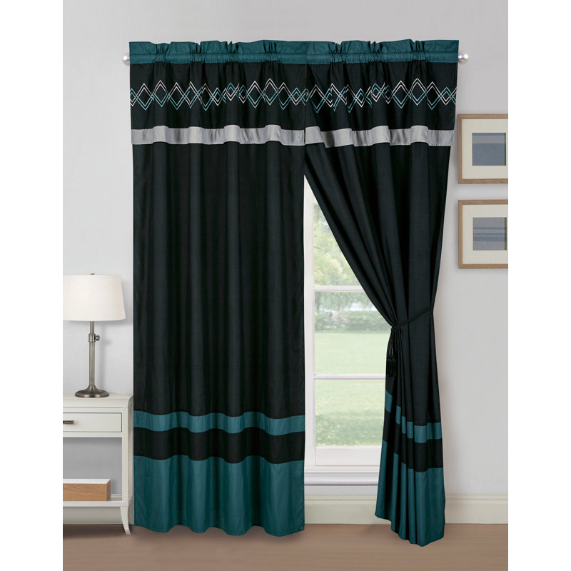 Room Darkening Curtain Pair, Teal/Black/Gray