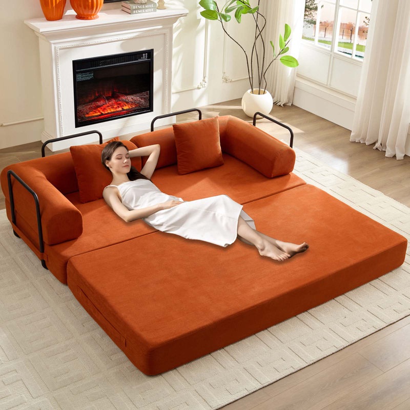 79"Modular 3-in-1 Corduroy Sleeper Sofa with Memory Foam Mattress, Orange