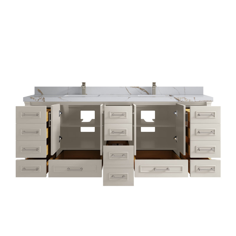 Aberdeen 84'' Double Bathroom Vanity with Quartz Top, Calacatta Gold, Fine Grain