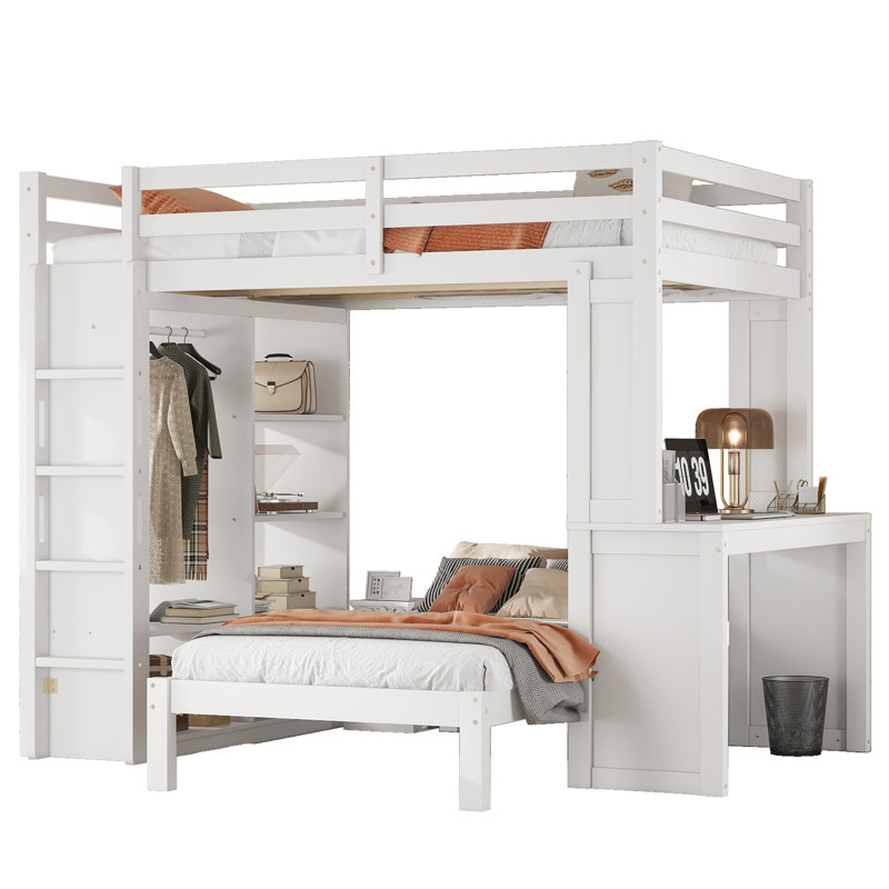 Lit double superposé double / double au dessus d'un lit simple en bois, Blanc