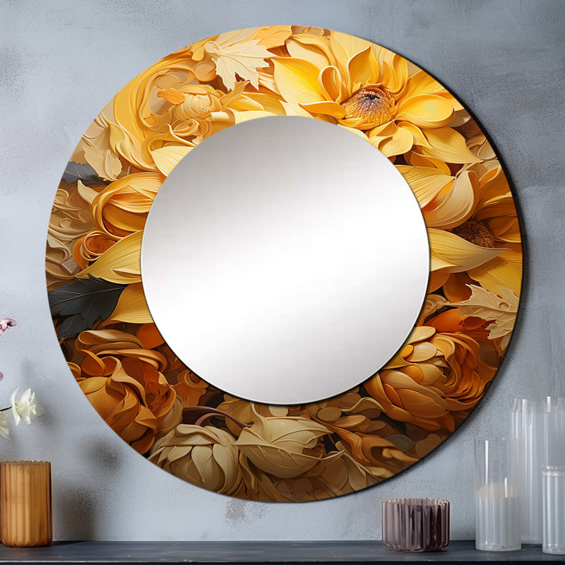 Scherle Radiant Reverie Botanical II - Botanicals Decorative Mirror, Yellow Round Wall Mirror, Printed Metal Art, 23" x 23"