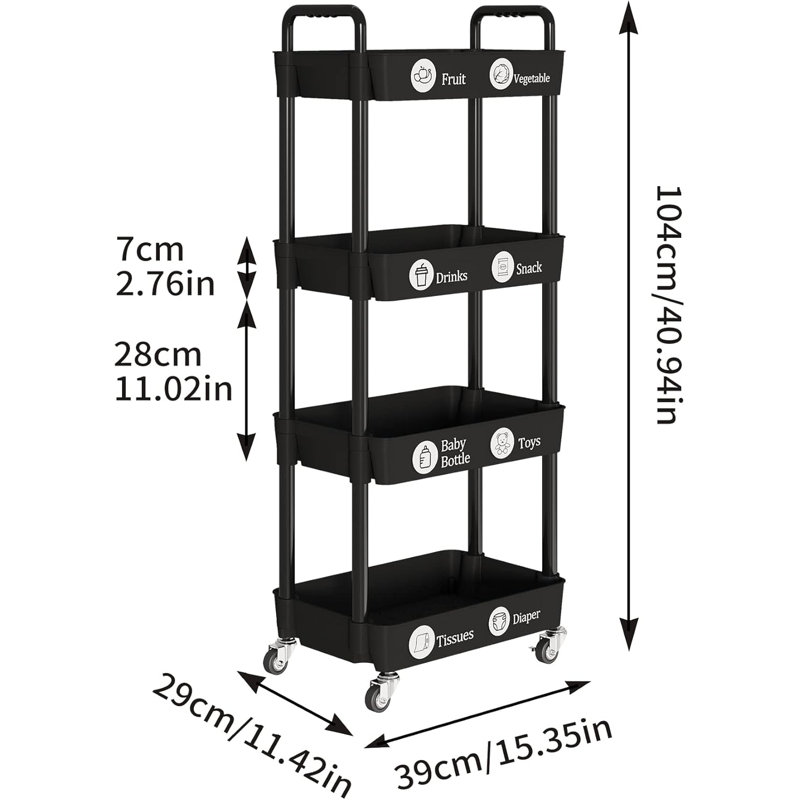 4-Tier Rolling Storage Cart With Lockable Wheels, Multi-Purpose Mobile Organizer For Kitchen, Bathroom, Laundry Room, Includes Classification Stickers