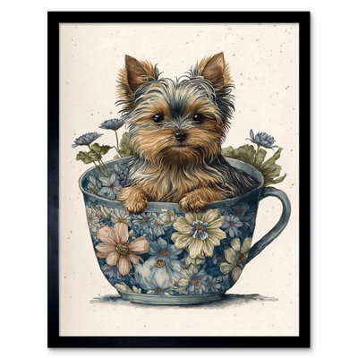 Cute Teacup Yorkshire Terrier Dog and Flowers in Floral Tea Cup Modern Watercolour 1 Piece Single Picture Frame Wall Art