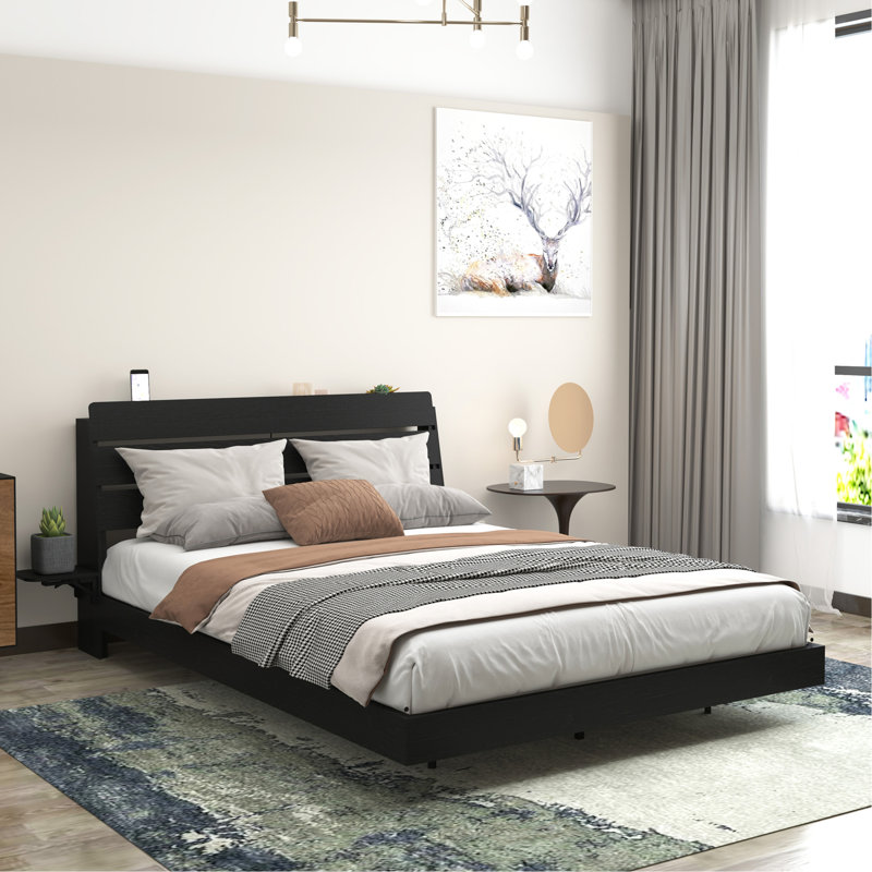 Floating Bed Frame Queen With Led Lights And Charging Station, Wood Queen Size Bed Frame With Storage Headboard, No Box Spring Needed, Easy Assembly,Black.