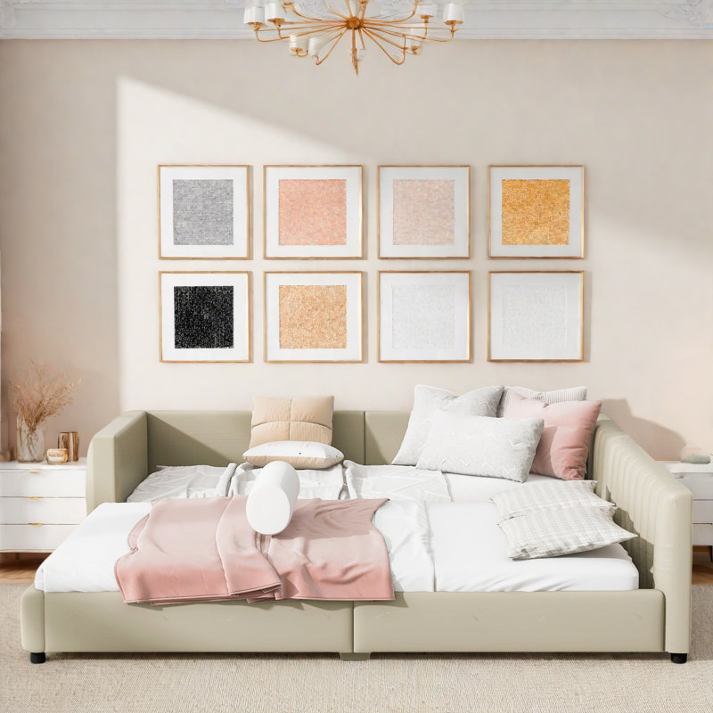 Élégant lit pour mère et enfant avec cadre rembourré profilé, Beige