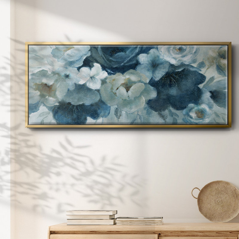 Bleu sur toile bleue encadrée, H 8 po x l 20 po