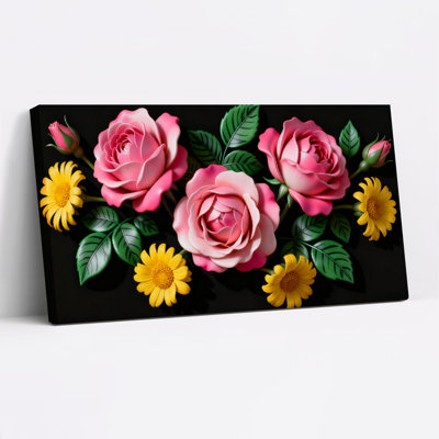 Ensemble de 1 tableau sur toile à motif floral de roses roses et de marguerites jaunes
