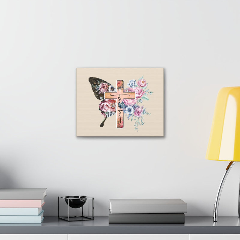 «Faith Cross Pastel Flower», art textuel sur toile tendue, H 18 po x l 24 po x P 1,25 po
