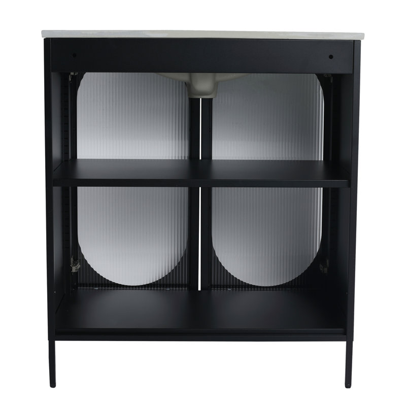 Armoire de salle de bain autoportante de 30 pouces, lavabo en céramique, structure en acier laminé à froid et style moderne avec deux portes, tablettes réglables, poignées en métal, meuble-lavabo noir avec lavabo - instrument