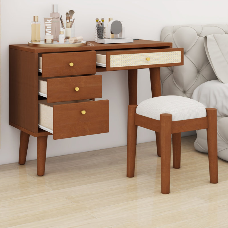 Coiffeuse rétro en bois avec prise de charge, 3 tiroirs, tiroir en rotin et tabouret Boho