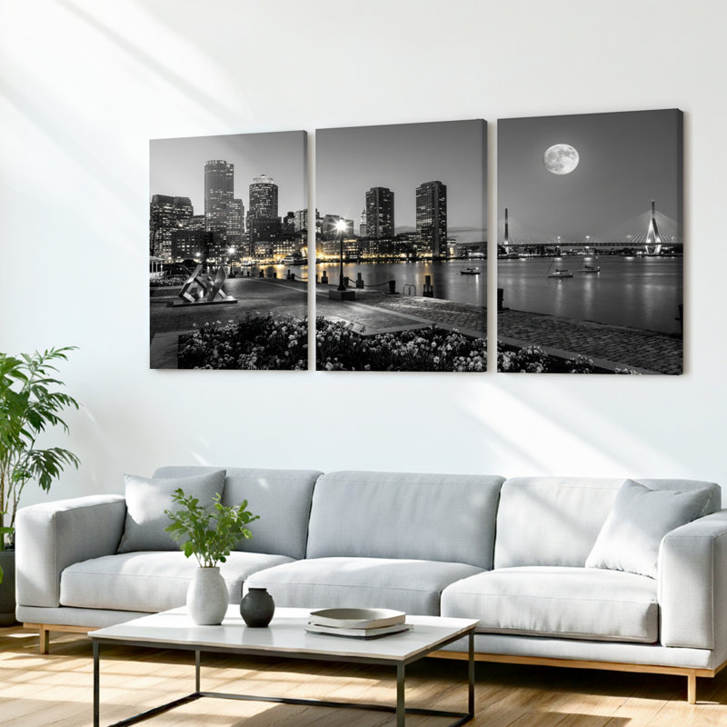 Ensemble de 3 tableaux sur toile tendue représentant un paysage urbain nocturne au clair de lune, en noir et blanc., 1218