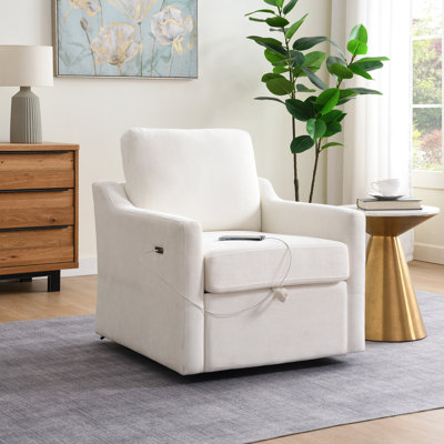 Fauteuil pivotant à 360° blanc, avec port de chargement USB-C, rangement sous le siège et matériau facile à nettoyer. Base avec accoudoirs blancs, revêtement en chenille douce, chargement sous l'assise. Parfait pour le salon.