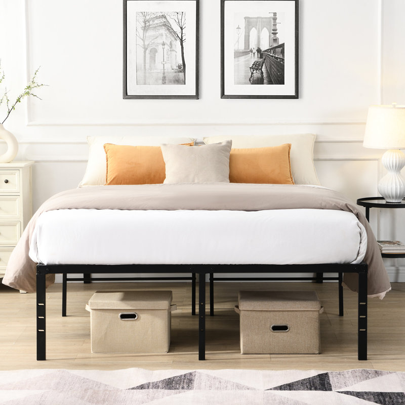 King Size Heavy Duty Metal Bed Frame In Black - Easy Assembly, No Squeak, High Capacity Support, Reinforced Slats, Storage Beneath Bed, Holes For Parts To Put Together, Noise, Supports 1000 Pounds,