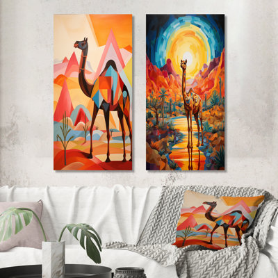Camel In Colorful Sahara Desert Landscape I - Camel Animal Wall Art 2 Pieces Set