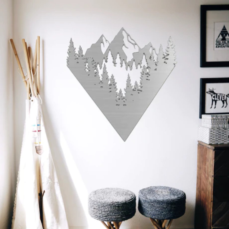 Art mural en métal Mountain View - paysage de montagne pittoresque - Sculpture Silhouette Nature, Argent