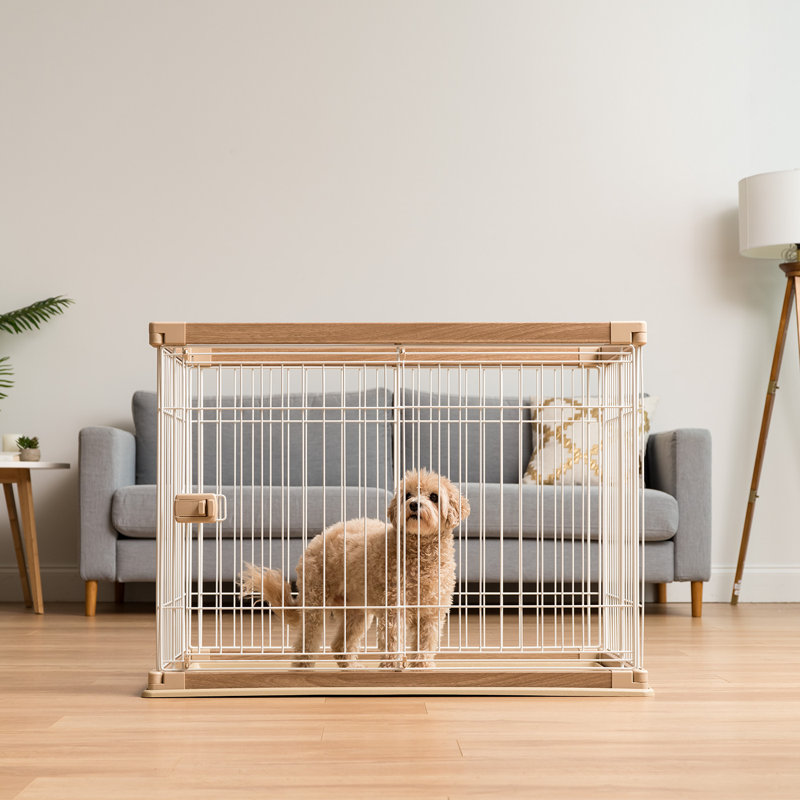 Medium Light Brown and White Metal Pet Playpen with Sliding Door