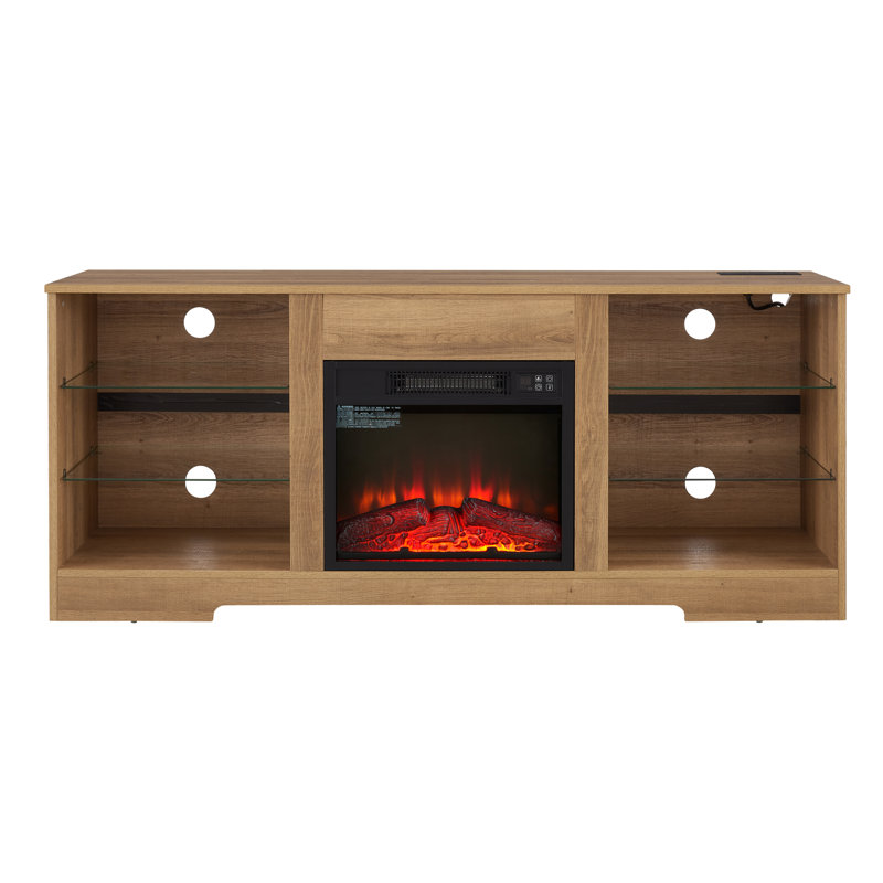 Meuble télé 58 po avec foyer électrique, effet de flamme 3D, lumières DEL, pour téléviseurs de 32 à 62 po, armoire de cheminée en chêne, flamme, l 58 po réglable pour chêne