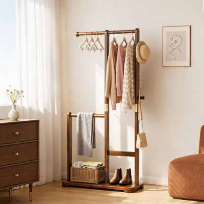Simple, Upright Solid Wood Coat Rack With Double Hanging Rods For Hanging Various Types Of Clothing. Suitable For Entryways, Bedrooms, And Hallways. Its Compact Design Saves Space In Your Home.