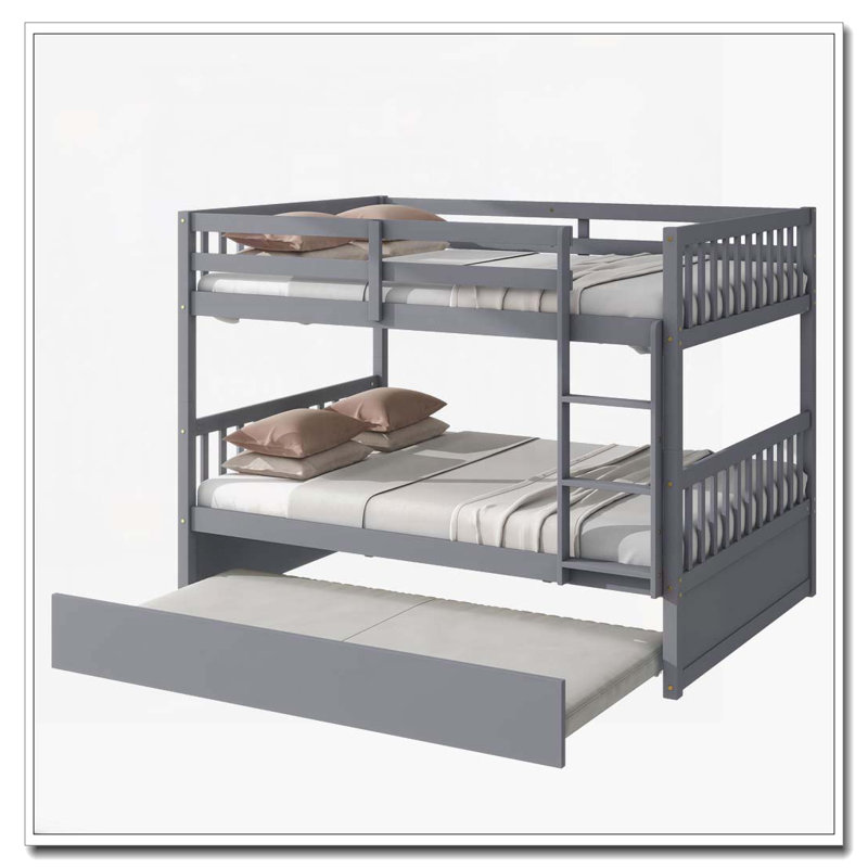 Lit superposé double en bois d'hévéa double avec lit gigogne, échelle et garde-corps, convertible en 2 lits doubles, avec lit gigogne simple, gris