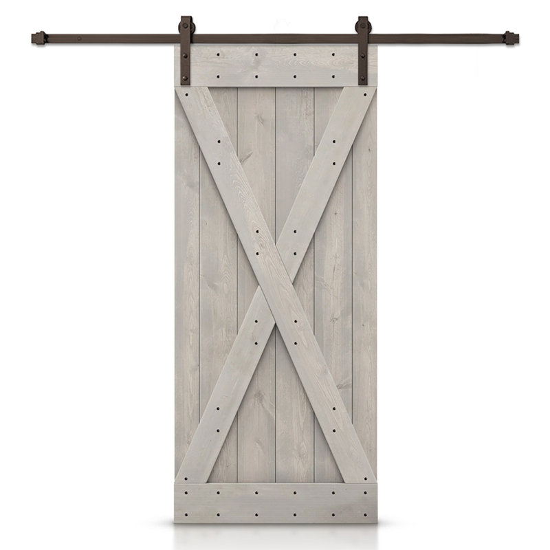 Porte de grange à panneaux et en bois avec quincaillerie d'installation, 34 po x 84 po, Gris argenté, Bronze huilé
