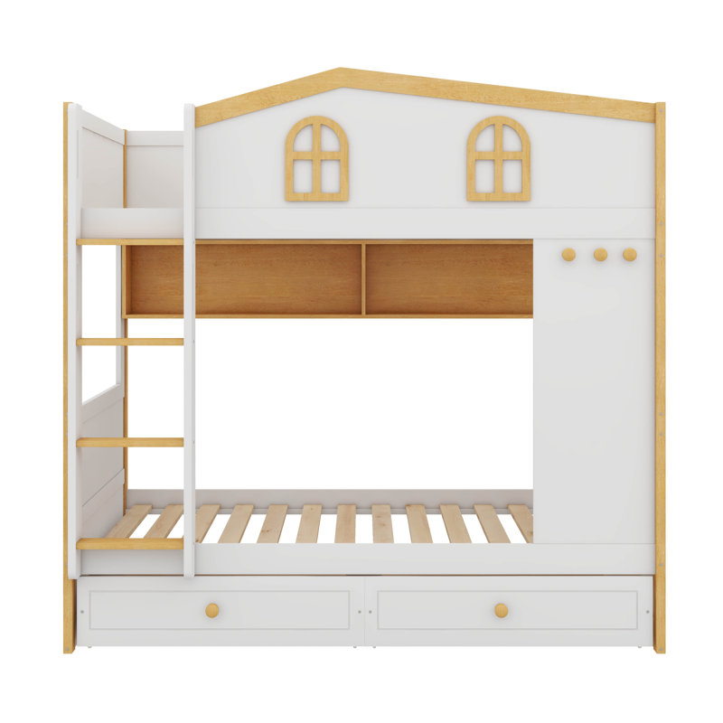 Lit superposé inspiré d'une maisonnette avec tiroirs de rangement, lit superposé en bois équipé de tablettes de rangement, lits superposés avec échelle pour maisonnette