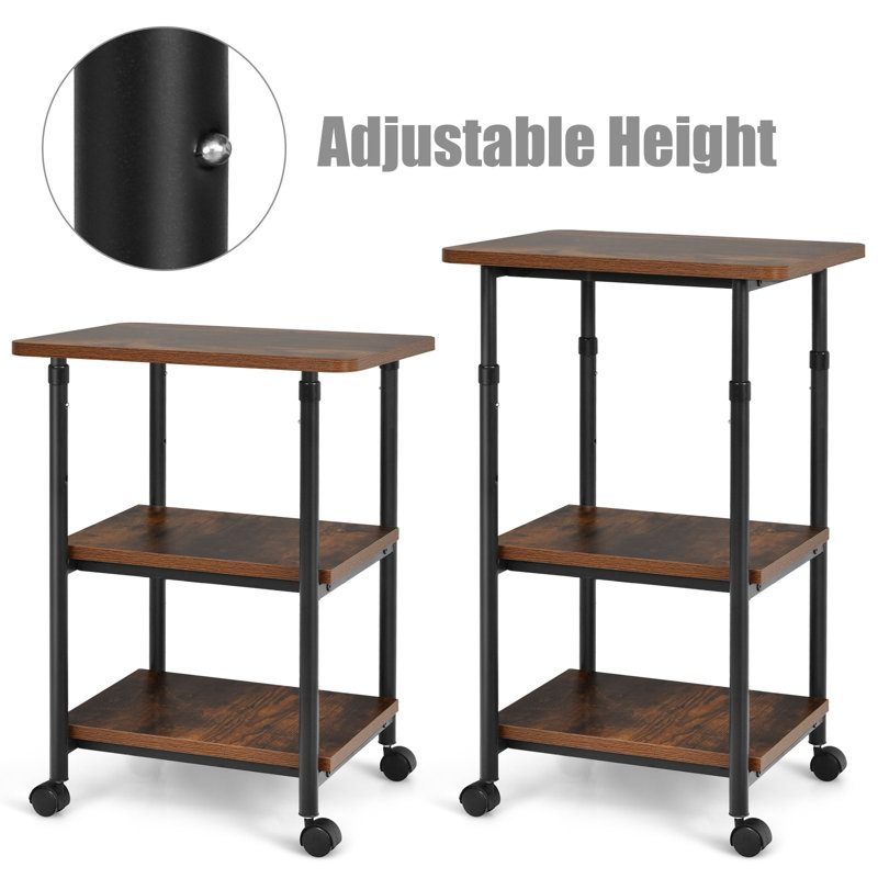Brown Adjustable 3-Tier Rolling Printer Cart with Steel Frame