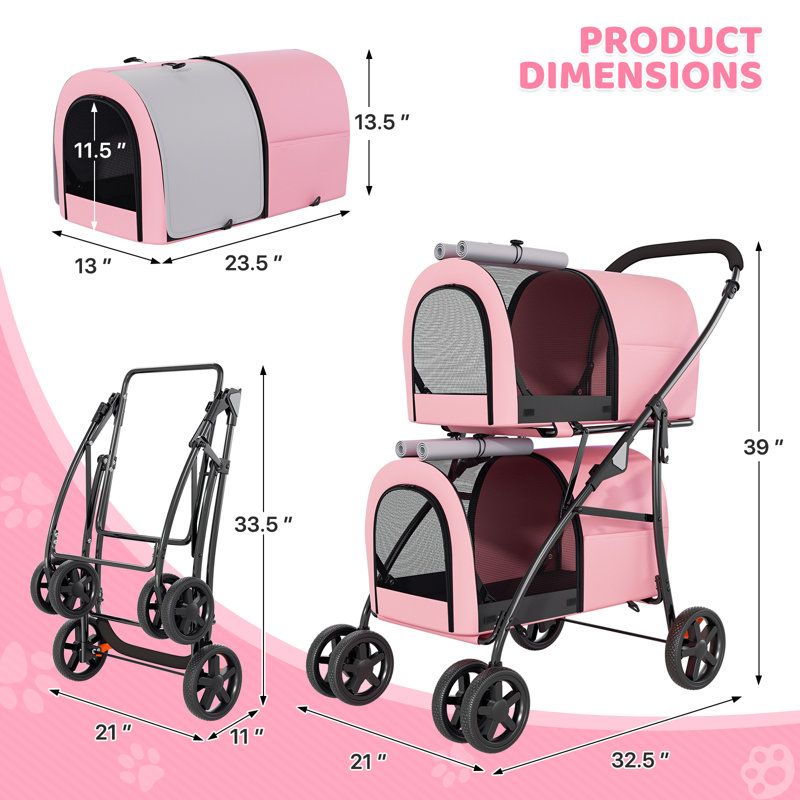 Folding Pet Stroller for Cats & Dogs 4-in-1 Double Dog Stroller for Small & Medium Pets Carrier Cart with Convertible Features
