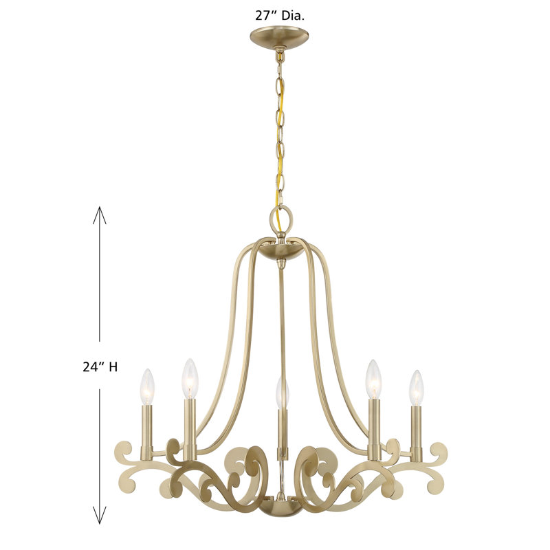Lustre 5 lumières en laiton noble Lombard, 5 lumières, H 24 po x l 27 po x P 27 po
