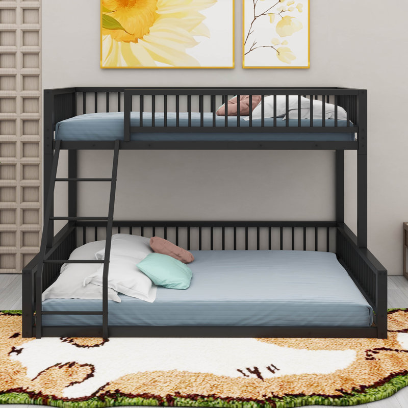 Twin XL Over Queen Floor Bunk Bed With Ladder & Guardrails, Black