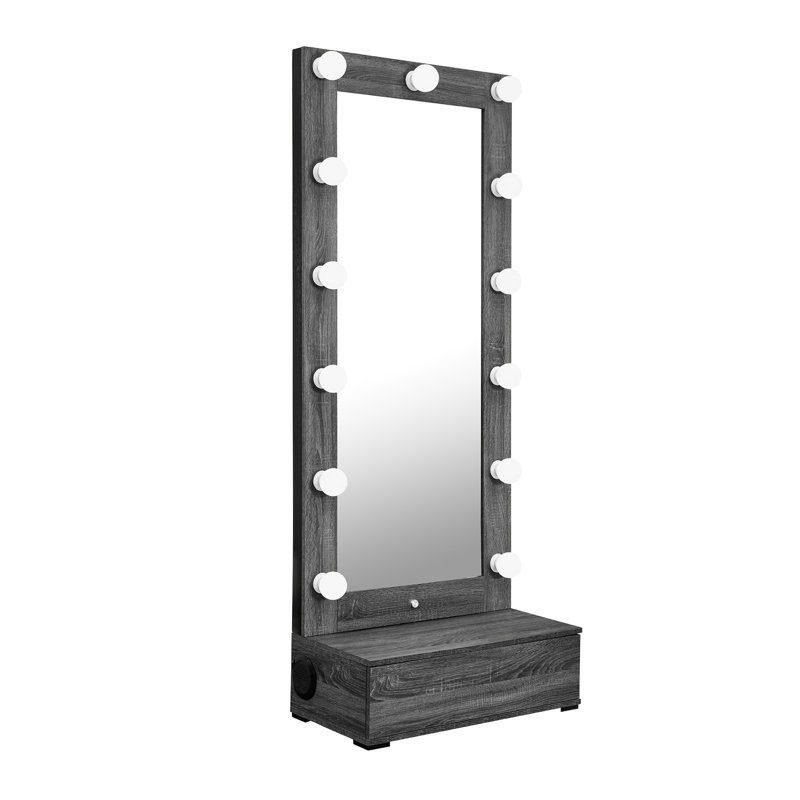 Grey Floor Length Mirror With Drawer, Led And Speakers, Solid Wood+, Perfect For Small Prefab Homes Tall Length, Wash Suitable Laundry Rooms