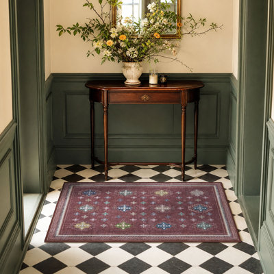 Soft Low Pile Stain Resistant Door Mat for Stair, Geometric Star Medallions Indoor Rug, Vintage Red, 2'x3'