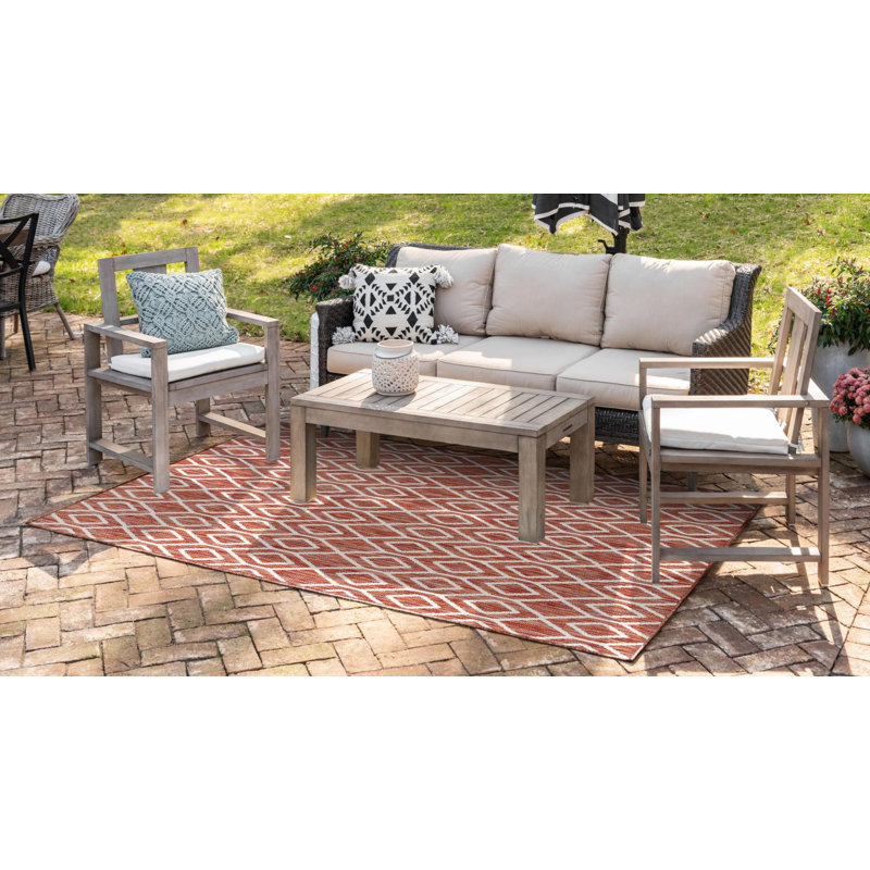 Yettem Abstract Indoor / Outdoor Rug, Rectangle 6' x 9', Rust Red