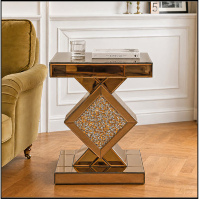 Table d'appoint miroir à effet diamant, table basse d'appoint brune, petite table miroir pour salon, chambre à coucher,