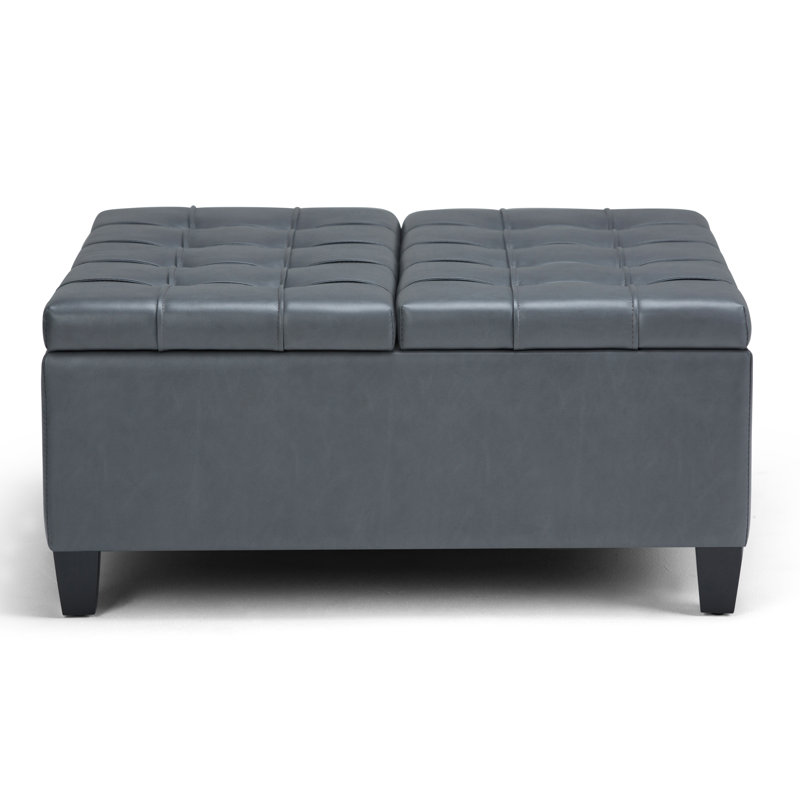 Harrison 36"W Upholstered Vegan Leather Transitional Square Lift-Top Ottoman with Hidden Storage, Stone Gray Faux Leather