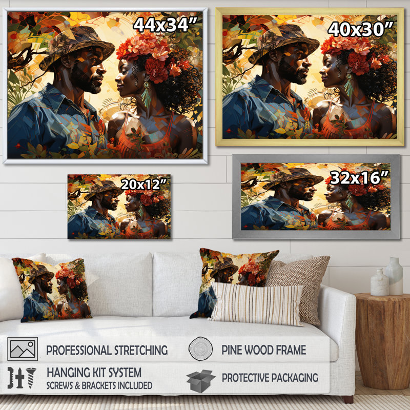 «African Couple Resilient I» - Art mural américain africain, H 12 po x l 20 po x P 1 po, Cadre flottant noir
