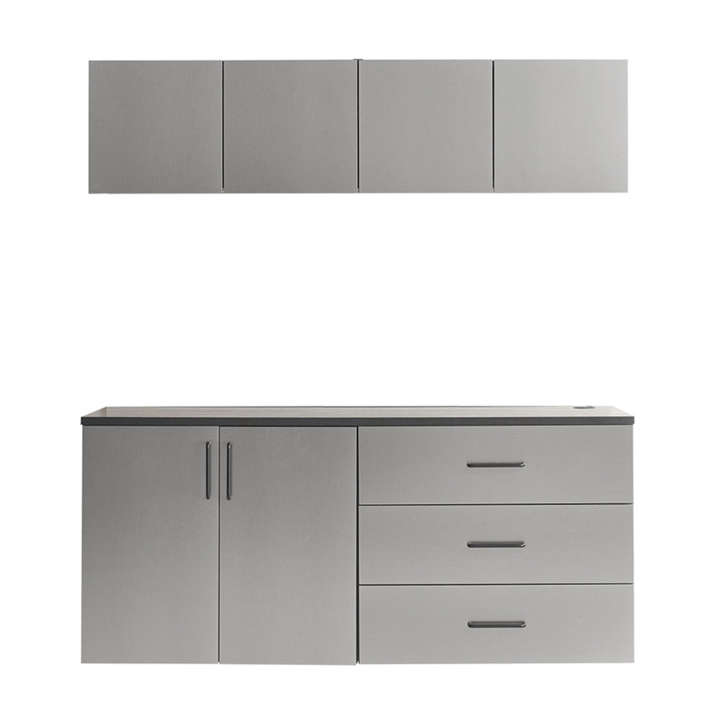 Armoire de garage Series 5 X P 79 x P 20 avec une finition gris métallique unique, une caractéristique pour les tiroirs et les portes, une résistance à la chaleur de l'eau, une bande 2X plus épaisse, un tableau de classe E0, l'appareil est allumé