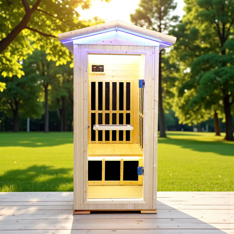 KISRAIS Outdoor Sauna, 1 Person Low EMF Far Infrared Sauna with 2 External Colorful Light Strips, 2 Internal Warm Light Strips,1 Reading Light, 2 Bluetooth Speakers | Personal Indoor/Outdoor Dry Heat Sauna for Home & Gym – Made from Spruce