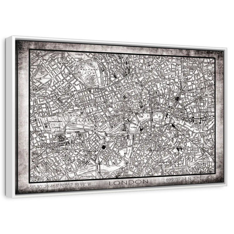 Carte de la ville de London Grunge, Cadre flottant blanc, 19 po x 13 po