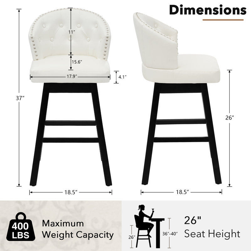 Aadhvika Upholstered BarStools with Solid Wood Frame, Counter Stool (26" Seat Height), White/Faux Leather