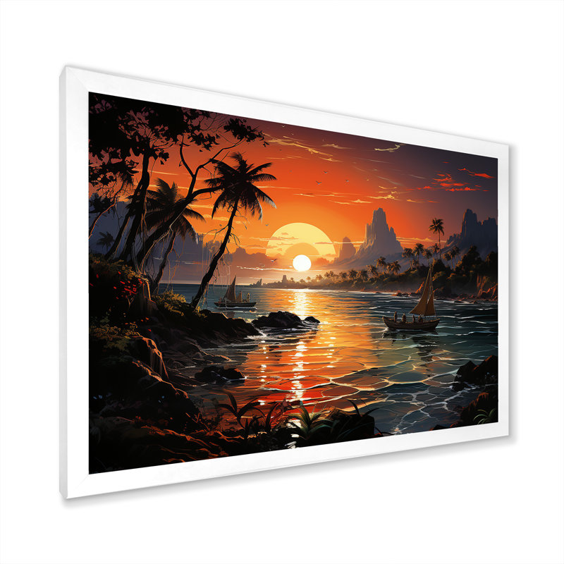 «Vintage Tropical Coastline Paradise V», art mural bord de mer tropical, Cadre de coin blanc fermé