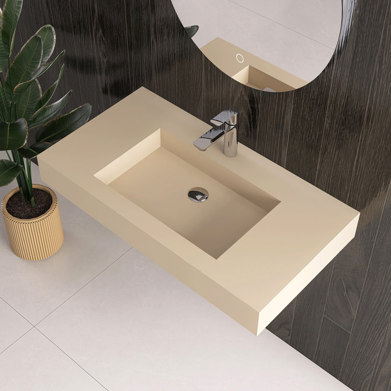  35" Wall-Mounted Vessel sink Stone Solid Surface With Faucet Hole, Yes, Milk Coffee