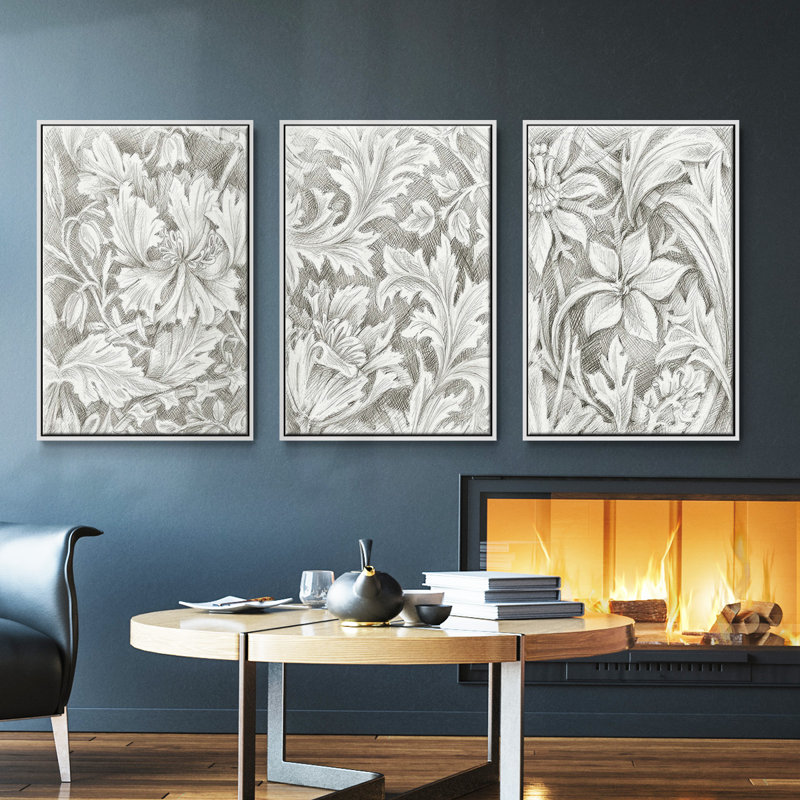 Ensemble de 3 reproductions de motifs floraux sur toile I, Blanc, H 27 po x l 54 po