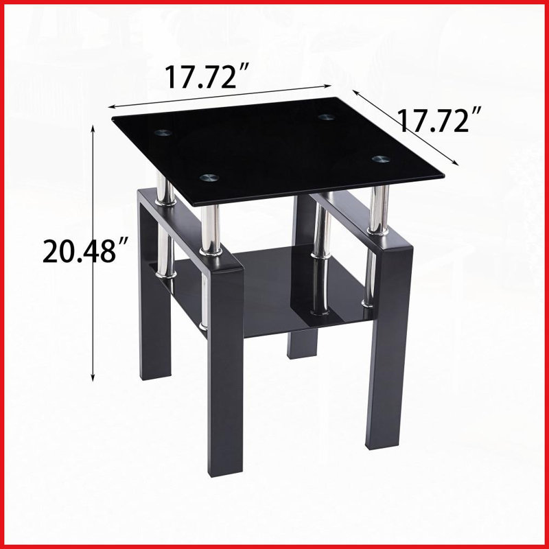 Table basse en verre trempé noir avec pieds en métal pour le salon, facile à nettoyer, H 20,47 po x l 17,71 po x P 17,71 po